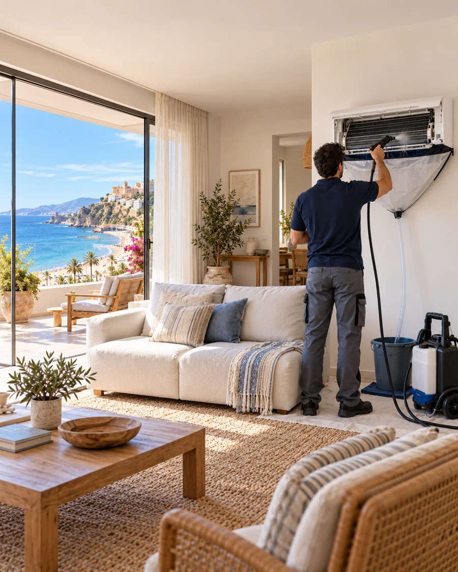 Illustrative scene of a technician cleaning an air conditioner in a home
